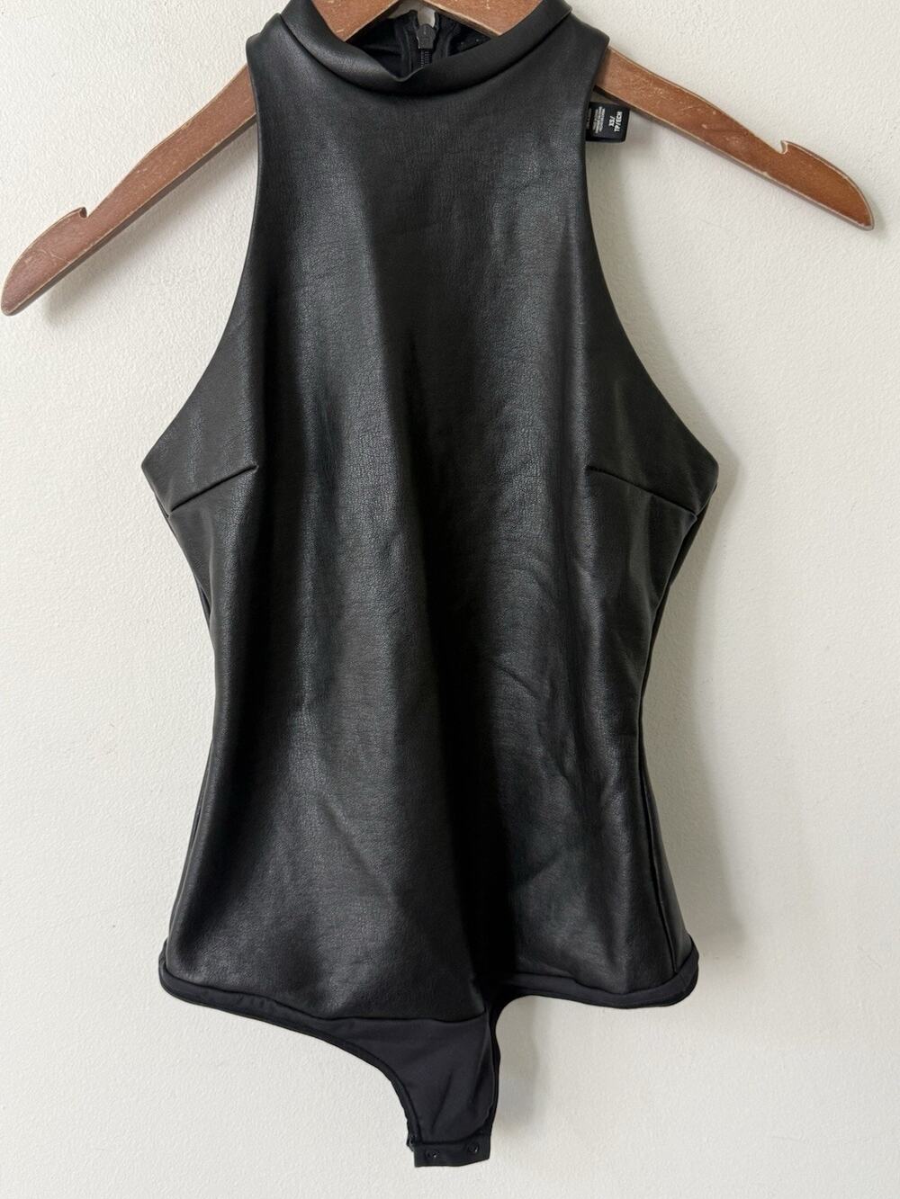 Skims Faux Leather Bodysuit Womens XS BlackHigh Neck Long Sleeve Edgy Zip